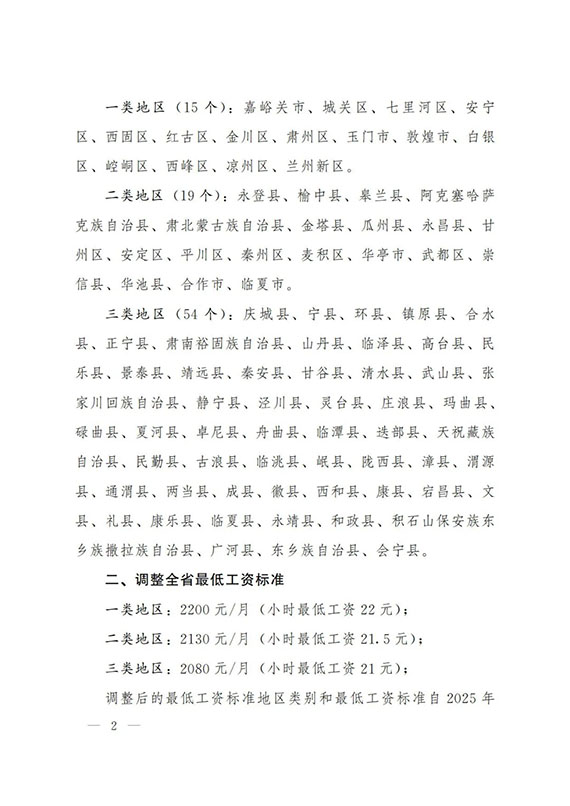 甘肅省調整最低工資標準地區類別和最低工資標準